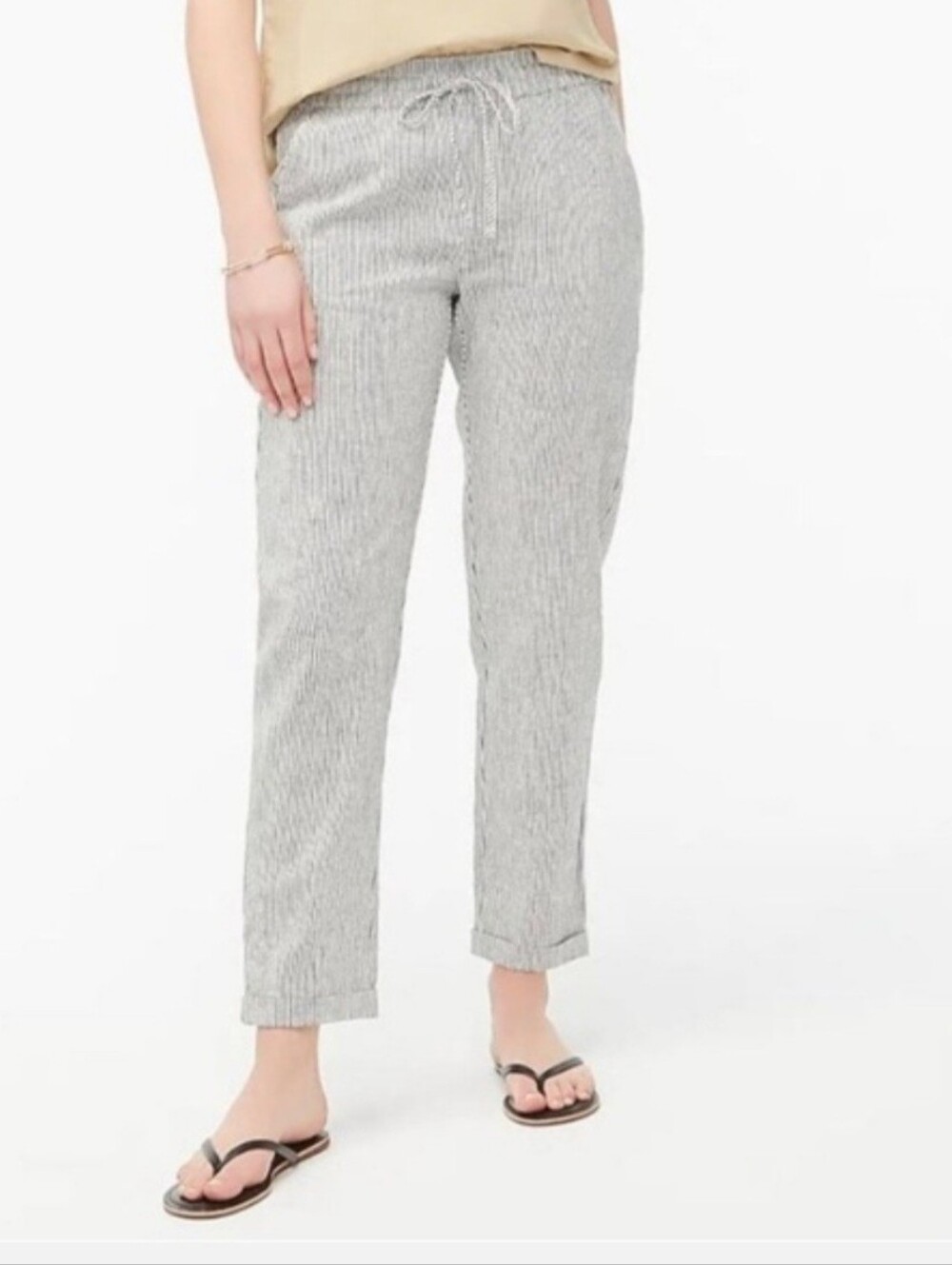 J Crew Stripe Linen/ Cotton Blend Pull- On Cuff Pants Size 2 Coastal Lightweight